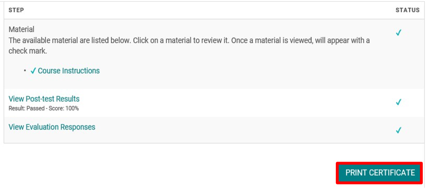 Screenshot of course instruction link, confirmation page with test results link and evaluation responses link.